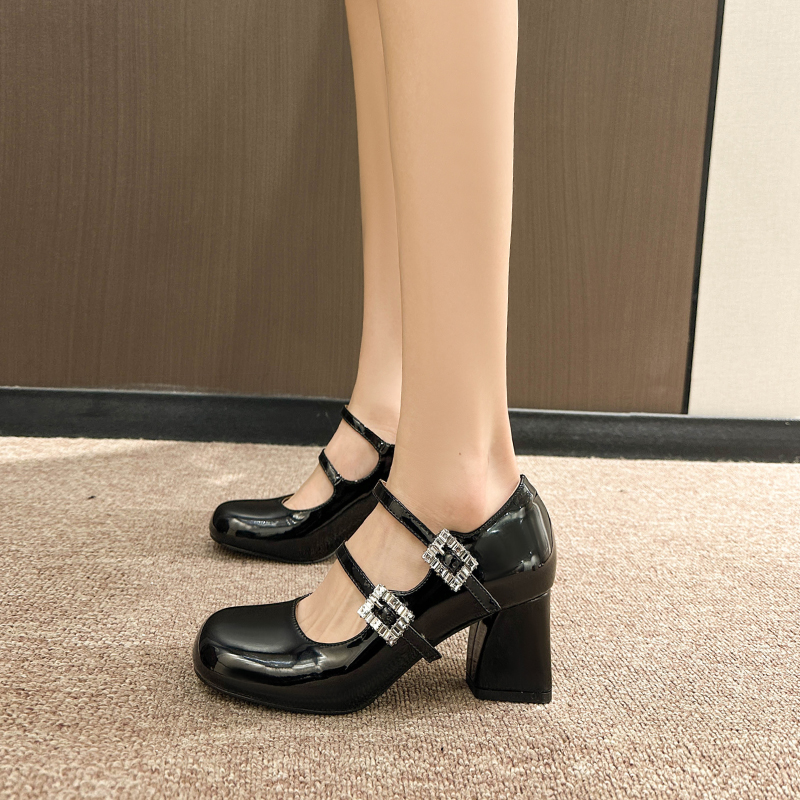2024 New Chinese Style Mary Jane Shoes for Women - Square Toe Rhinestone Strap High Heels