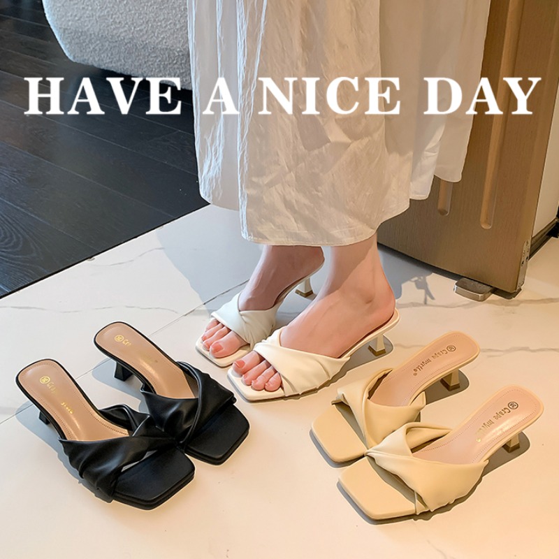 2025 New Summer 7cm French Square Toe Pleated One-Band Mule Slippers Soft Leather