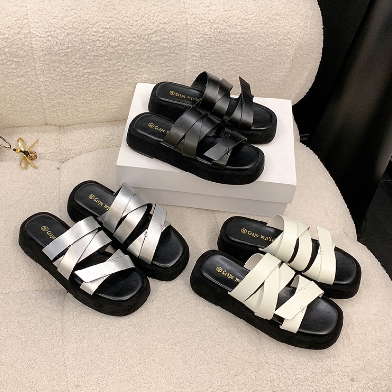 2025 Summer New Roman Style Square Toe Thick Sole Beach Vacation Slippers for Women
