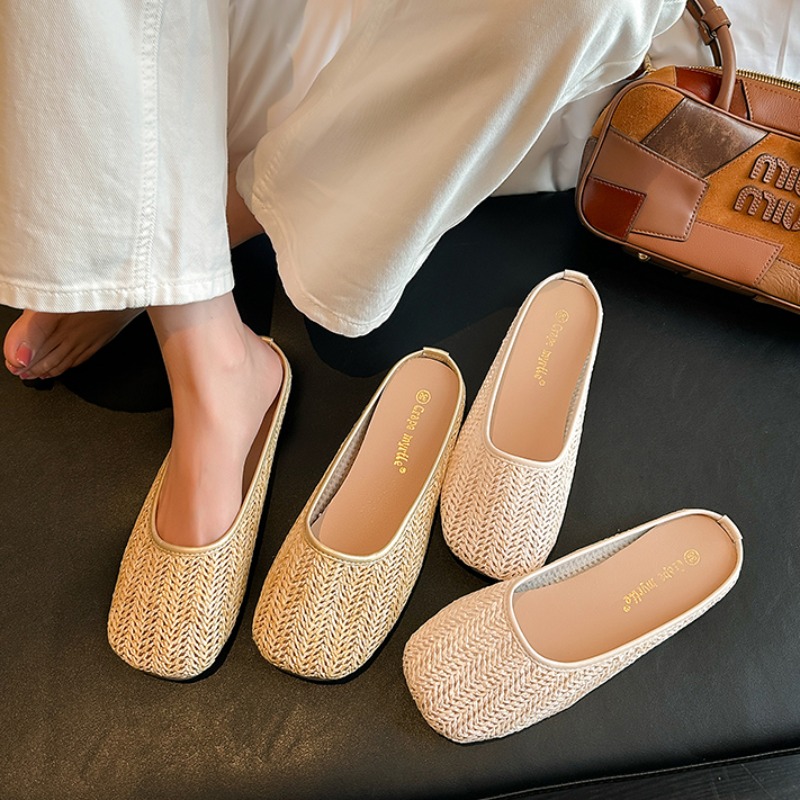 2025 Summer New Woven Design Breathable Casual Low Heel Fisherman Shoes Women Half Slippers
