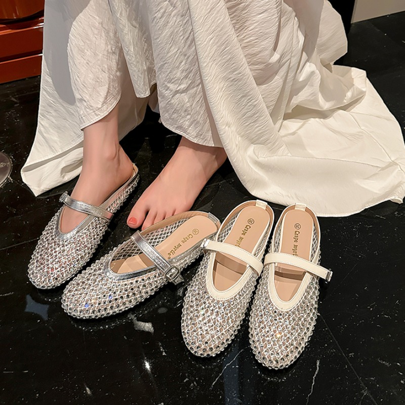 2025 Summer Trendy Rhinestone Mesh Slippers for Women, Bowknot Strap, Wedge Heel, Breathable, Half Slippers