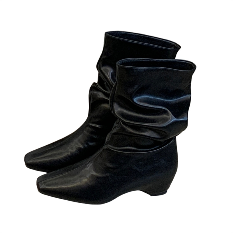 Fortune One Foot Raised Wrinkled Stacked Mid Calf Boots 2026 Autumn Winter New Retro Square Toe Versatile Fashion Short Boots - Image 5