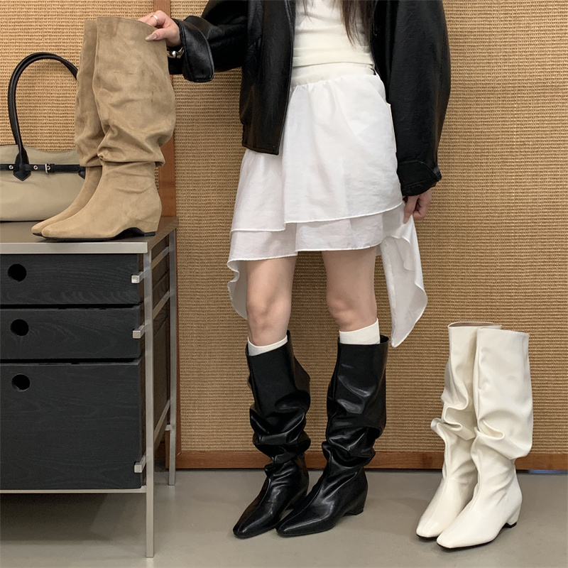 Fortune One Foot Vintage Wrinkled Stacked High Boots 2026 Autumn Winter New Arrival Inner Height Increase Square Toe Long Boots Riding Boots