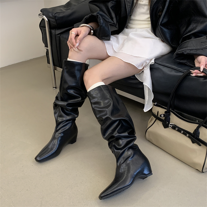 Fortune One Foot Vintage Wrinkled Stacked High Boots 2026 Autumn Winter New Arrival Inner Height Increase Square Toe Long Boots Riding Boots - Image 2