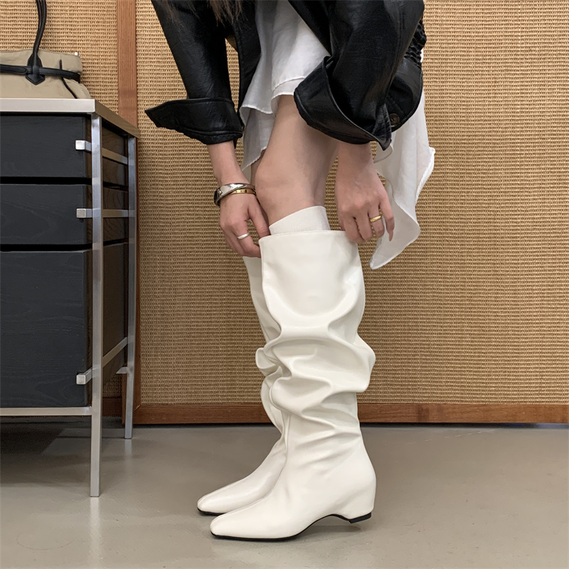Fortune One Foot Vintage Wrinkled Stacked High Boots 2026 Autumn Winter New Arrival Inner Height Increase Square Toe Long Boots Riding Boots - Image 3