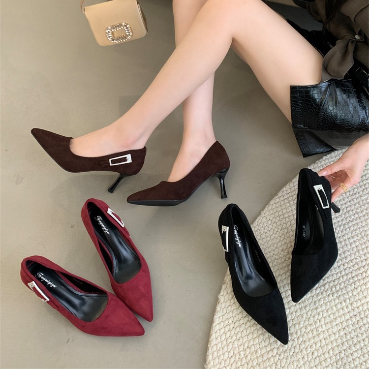 Fugui Yizu 2025 New Pointed Toe Thin High Heel Women's Suede Shoes Black Work Shoes Elegant Women's Shoes