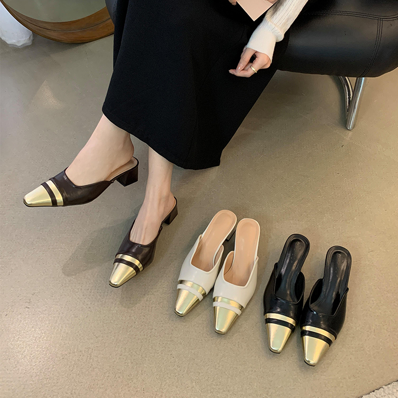 Luxury One Foot Small Fragrance High-Class Color-Block Covered Toe Slippers Women Outdoor 2024 Spring Summer Pointed Toe Mule Half Slippers