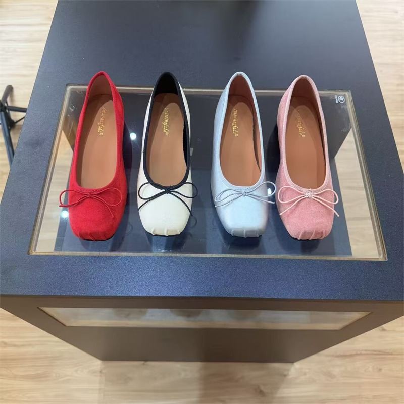 New Korean Style 3.5cm Hidden Heel French Pleated Square Toe Bow Ballet Flat Shoes for Women