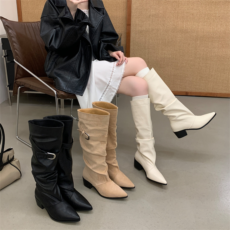 Relaxed Wrinkled Stacked Boots 2026 Autumn Winter Pointed Toe Belt Buckle Western Cowboy Tall Boots for Women
