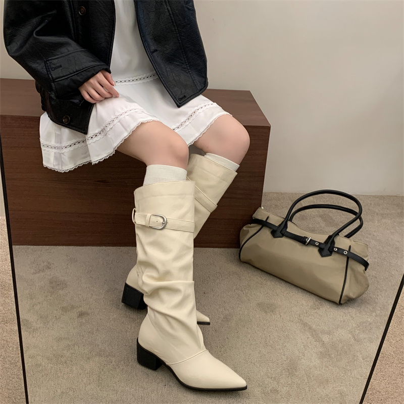 Relaxed Wrinkled Stacked Boots 2026 Autumn Winter Pointed Toe Belt Buckle Western Cowboy Tall Boots for Women - Image 2