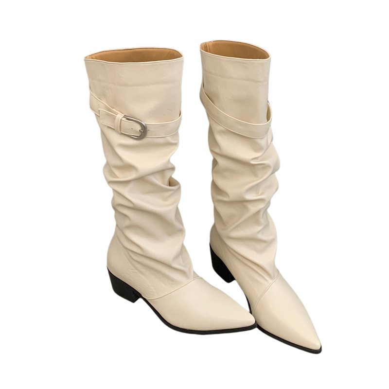 Relaxed Wrinkled Stacked Boots 2026 Autumn Winter Pointed Toe Belt Buckle Western Cowboy Tall Boots for Women - Image 5