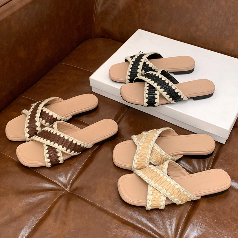Trendy Lazy Style Contrast Color Woven Cross Strap Flat Sandals Slippers for Women 2025 Summer New