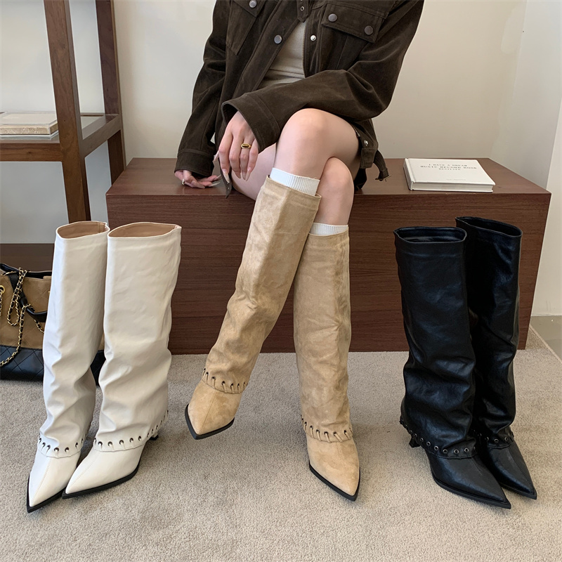 Vintage High Heel Tube Boots 2026 Autumn Winter New Pointed Toe Woven Rivet Design High Shaft Long Boots